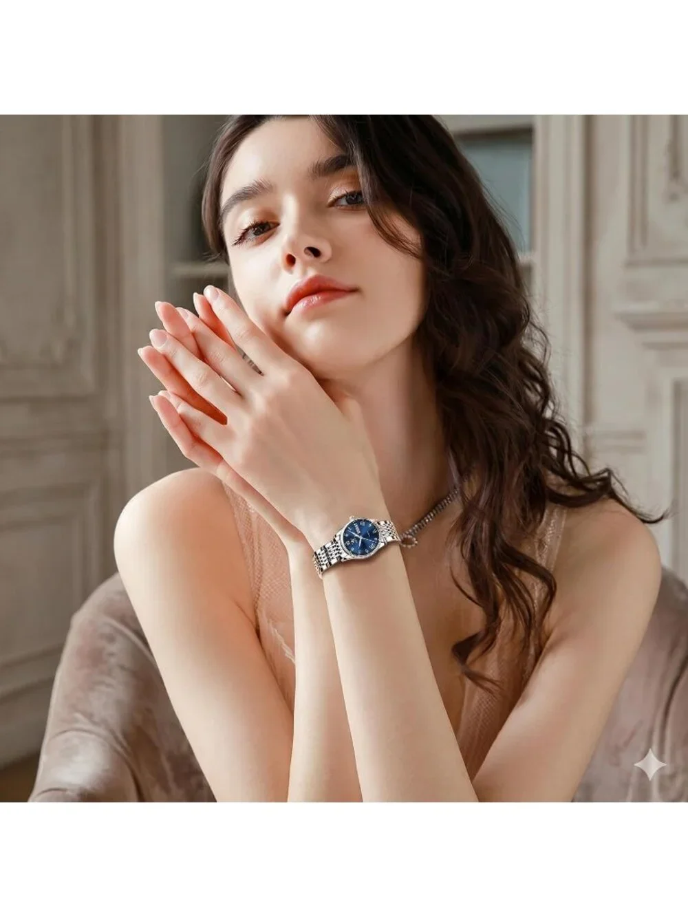 Women's Blue and Silver Analog Quartz Waterproof Stainless Steel Band Watch
